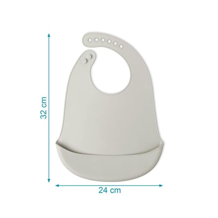 KioKids Babero Silicona Blandito Impermeable Ajustable con Bolsillo Recogemigas Enrollable Gris para Bebé +4 meses 3