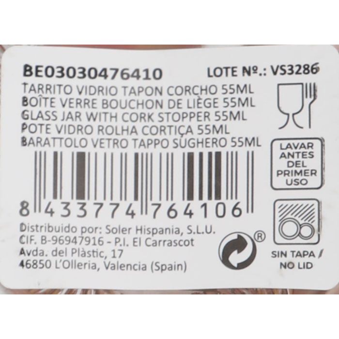 Tarrito de vidrio con tapón de corcho 55 ml - La Mediterranea (36 Unidades) 5 Tarrito de vidrio con tapón de corcho 55 ml - La Mediterranea (36 Unidades) 5