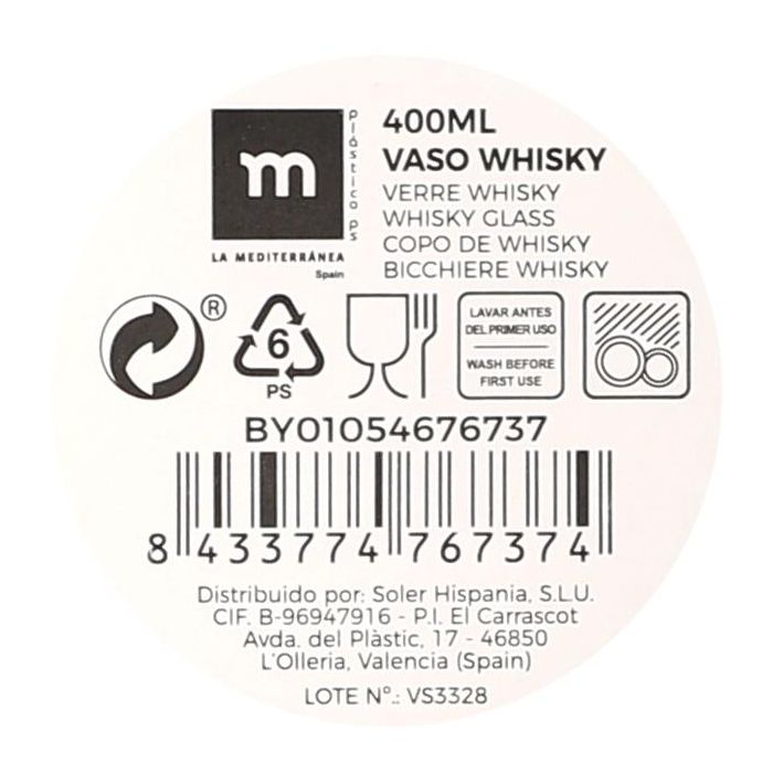 La Mediterranea Vaso Whisky 400 Ml 8.5 x 9.5 x 8.5 cm (24 Unidades)