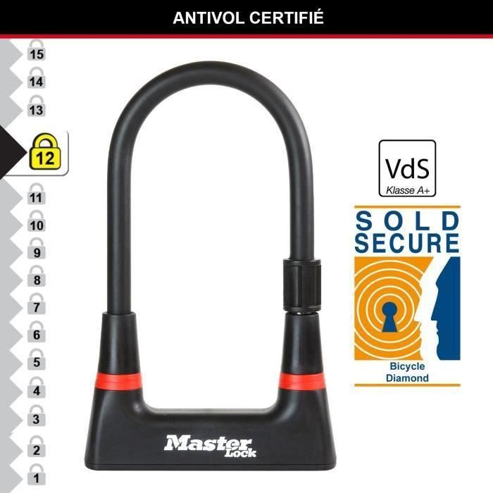 Candado para bicicleta en U - MASTER LOCK - 8279EURDPRO - Acero cementado, llave, certificado 3