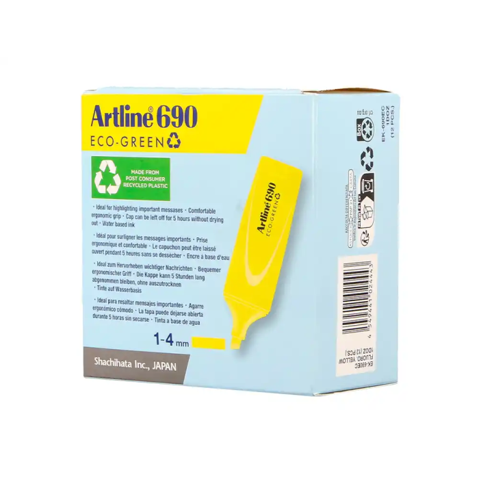 Artline Rotulador Fluorescente EK-690 Eco Green Punta Biselada 1-4 mm Amarillo 2