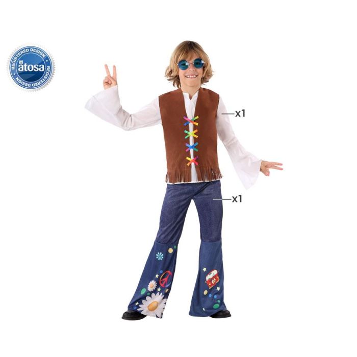 Disfraz Hippie Niño Infantil Años 60 - Conjunto Camiseta, Chaqueta y Pantalón Estampado Flores & Paz, Talla 5-6 Años Disfraz Hippie Niño Infantil Años 60 - Conjunto Camiseta, Chaqueta y Pantalón Estampado Flores & Paz, Talla 5-6 Años