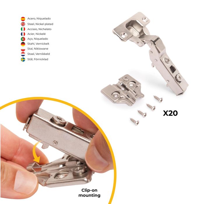 Emuca Lote de 20 bisagras codo X91 con cierre suave y suplementos para atornillar, Altura 0, Acero, Niquelado 2 Emuca Lote de 20 bisagras codo X91 con cierre suave y suplementos para atornillar, Altura 0, Acero, Niquelado 2