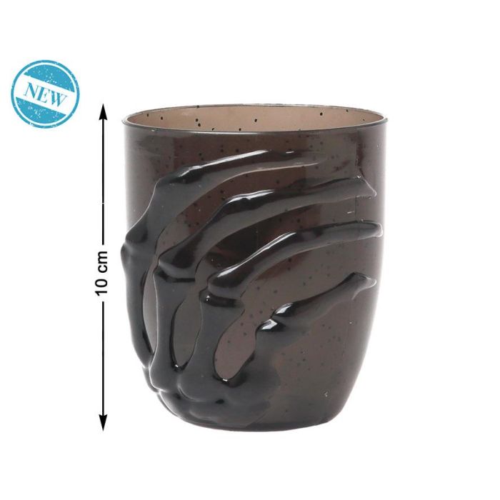 Vaso Negro con Mano Esquelética en Relieve 10x9 cm para Bebidas Frías - Decoración de Halloween