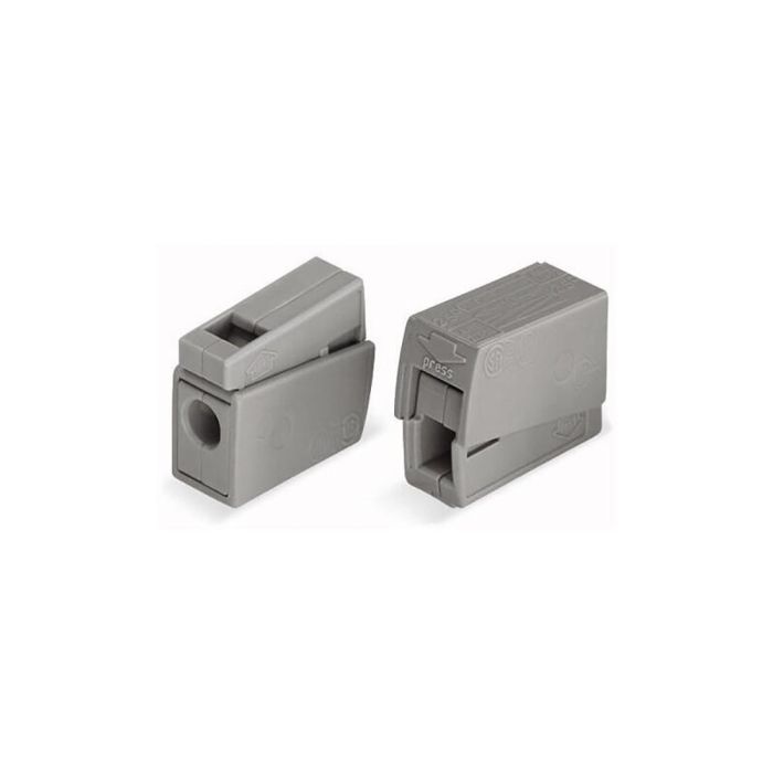Conector rápido en linea presilla 2 conductores, 1 rígido + 1 rígido, semirígido o flexible ø máximo 2,5 mm², gris 0 Conector rápido en linea presilla 2 conductores, 1 rígido + 1 rígido, semirígido o flexible ø máximo 2,5 mm², gris 0