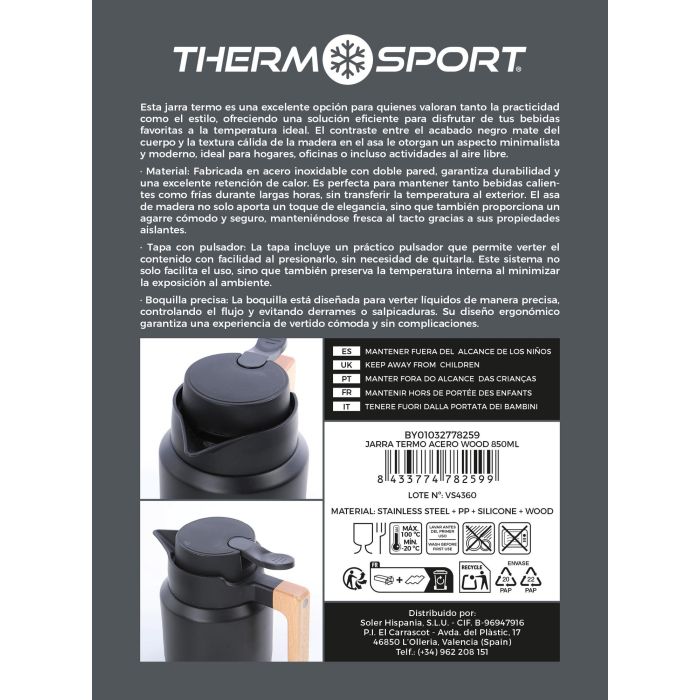 Jarra Termo Acero Inoxidable Wood 850 ml Thermosport - Inde (4 Unidades) 4 Jarra Termo Acero Inoxidable Wood 850 ml Thermosport - Inde (4 Unidades) 4