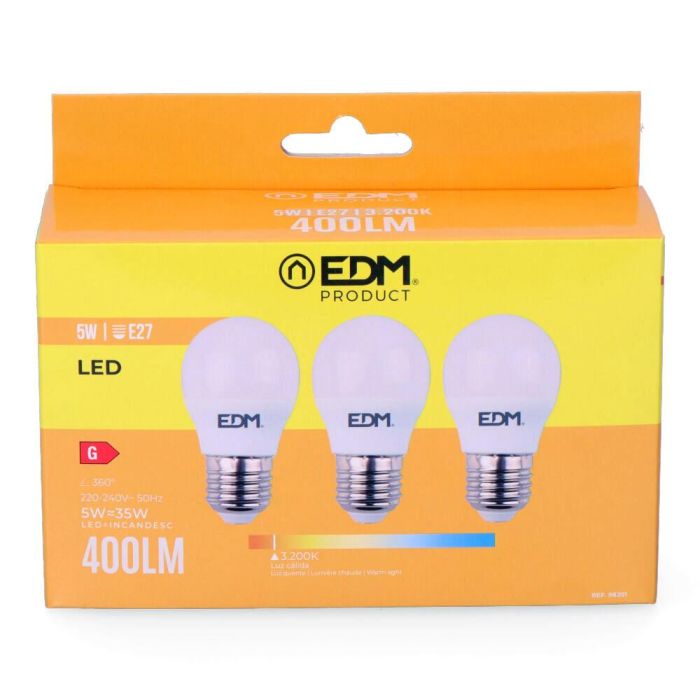 Edm Kit 3 bombillas esféricas LED E27 5W 400lm 3200K luz cálida Ø4,5x8cm 1