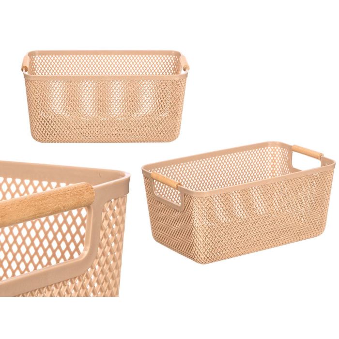 Kipit Cesta de Plástico Beige con Asa de Bambú, 27.5x18 cm (Set de 24)