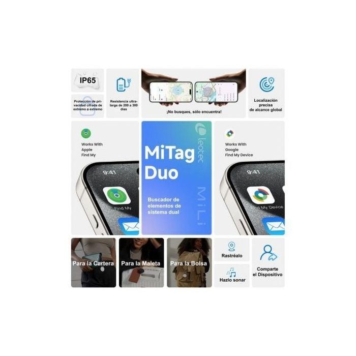 Leotec LETAG02BM MiTag Duo Rastreador GPS Universal Buscador con Certificación Oficial Apple y Google, Localizador Bluetooth 3