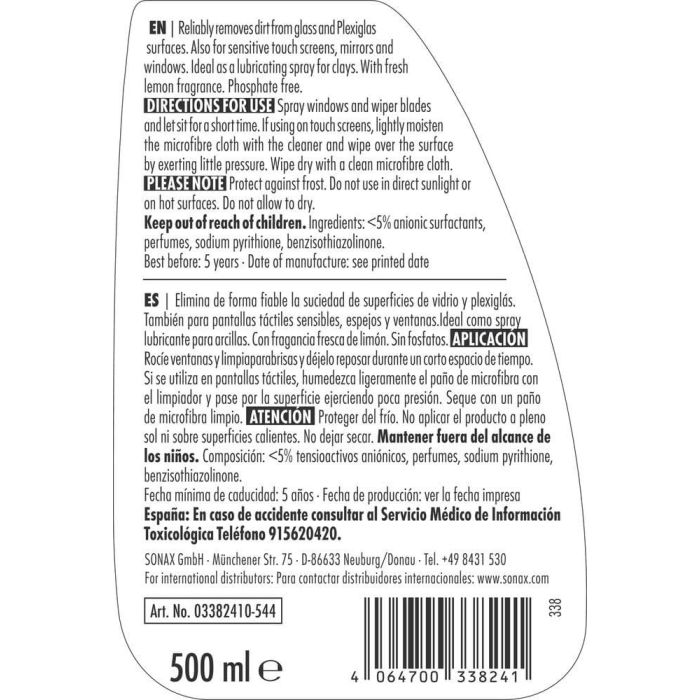 Sonax Limpia Cristales SX03382410, Elimina Insectos, Aceite, Silicona, Ideal Pantallas Táctiles 4