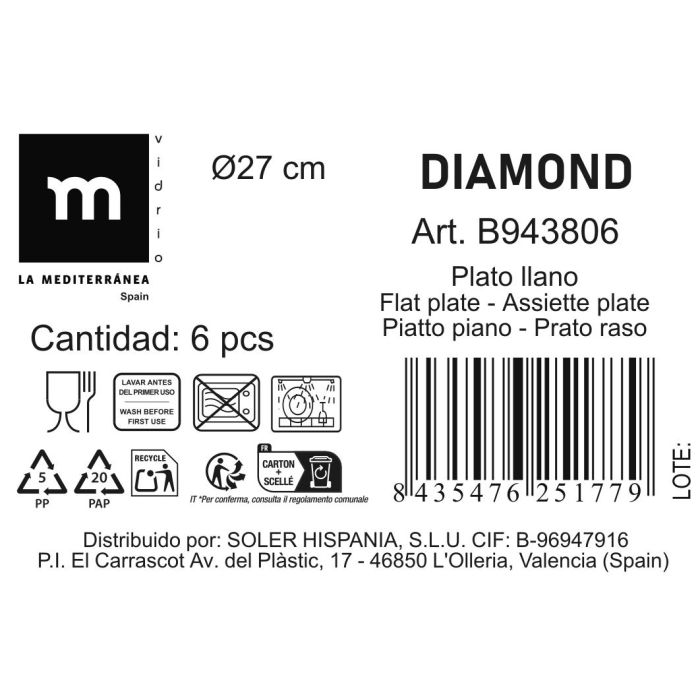 Plato Llano Diamond Ø27 cm - La Mediterranea (24 Unidades) 1 Plato Llano Diamond Ø27 cm - La Mediterranea (24 Unidades) 1