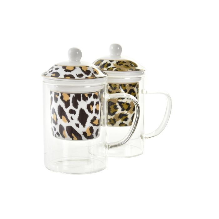 DKD Home Decor Mug para Infusiones Colonial, Diseño Leopardo, 300ml, Cristal y Porcelana, Apto Microondas/Lavavajillas (Pack 6 Surtidos) 1