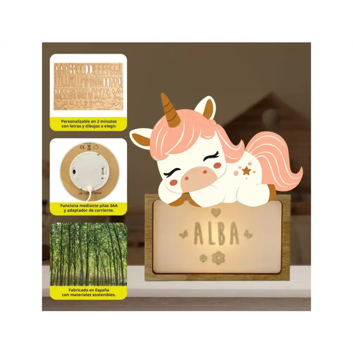 Wondee Lampara infantil personalizable Little Sleeping Unicorn, Luz quitamiedos, Madera sostenible, Regalo original 1