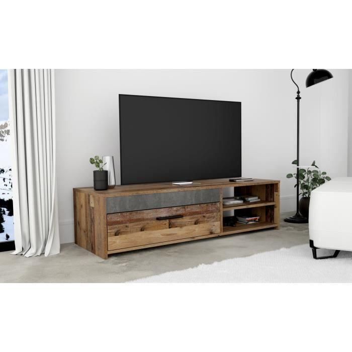 Mueble de TV 1 cajón 2 nichos - Madera vieja y decoración de hormigón gris oscuro - L 120 x P 42,1 x H 31,8 cm - PACO 2