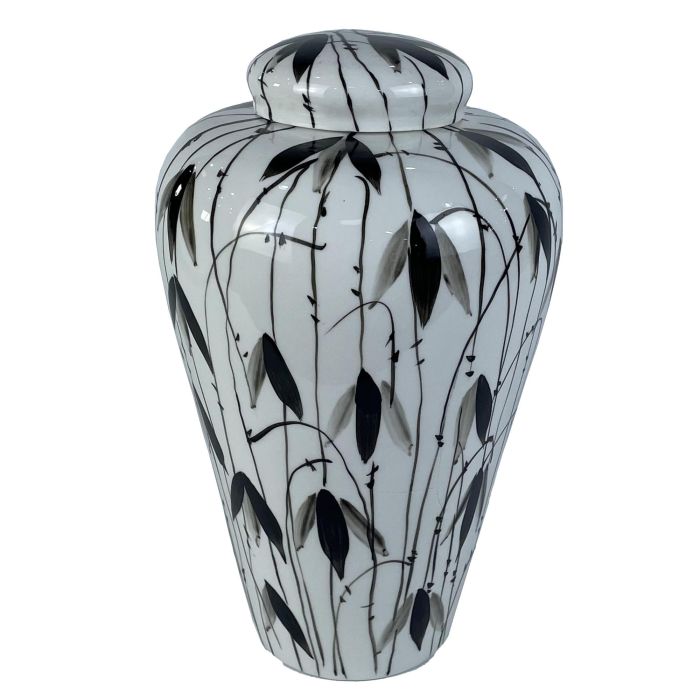DKD Home Decor Tibor Oriental Jarrón de Porcelana con Hojas Blanco y Negro, Ideal para Decoración del Hogar, 23 cm Ancho x 33 cm Alto x 23 cm Profundo