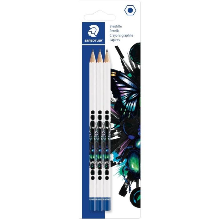 STAEDTLER 130HBBK3E1 Lápices Cool & Cute HB, Multicolor/Blanco Hexagonal, Set de 3 para Escritura y Dibujo