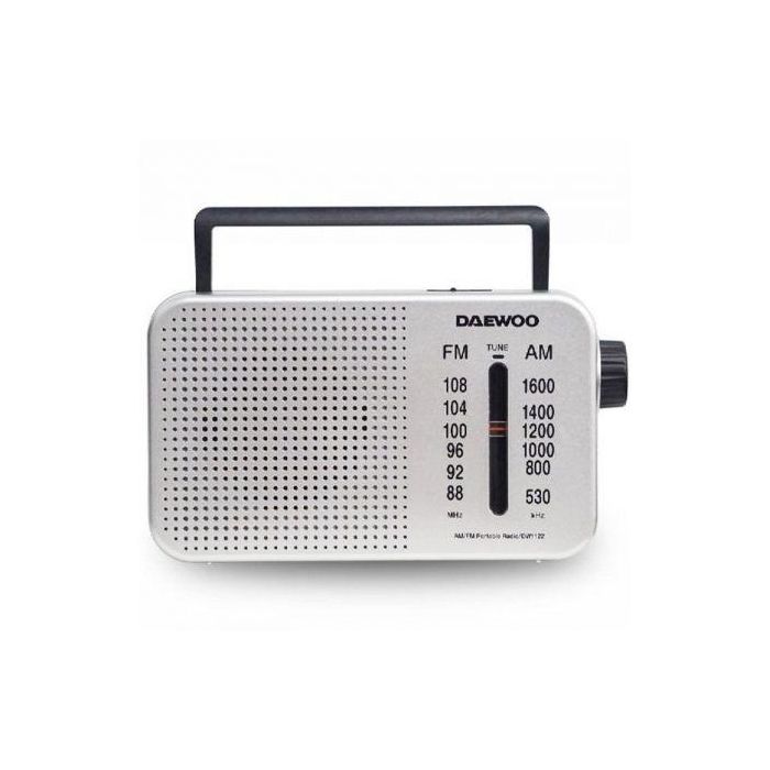 Daewoo DW1122 Radio Portátil AC/DC con Altavoz y Asa, Entrada Jack, Bandas FM/AM, Plata