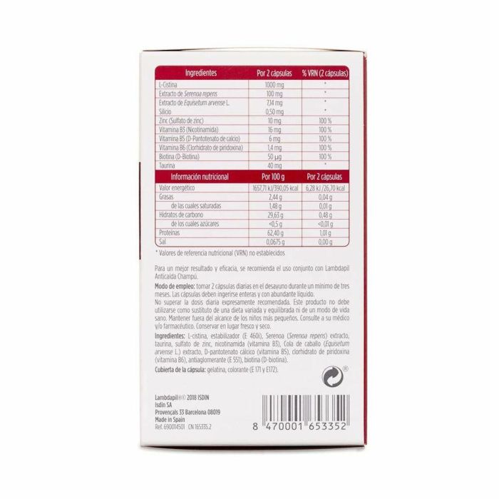 Isdin LAMBDAPIL Anticaída Cápsulas Suplemento Crecimiento Cabello Fuerte Saludable con Biotina Zinc L-Cistina 60 unidades 1