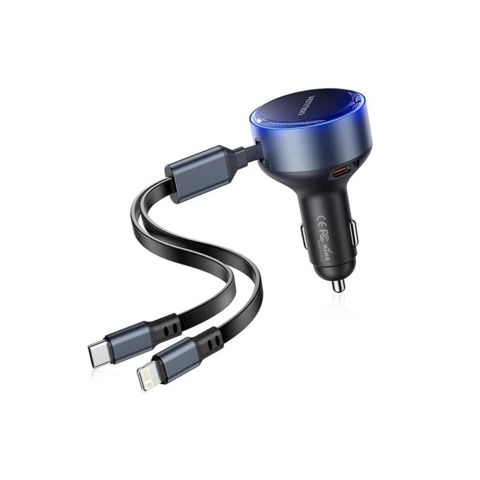 Vention FFOB0 Cargador de Coche, 1xUSB Tipo-C Macho, 1xUSB Tipo-C Hembra, 1xLightning Macho, Carga Rápida 30W