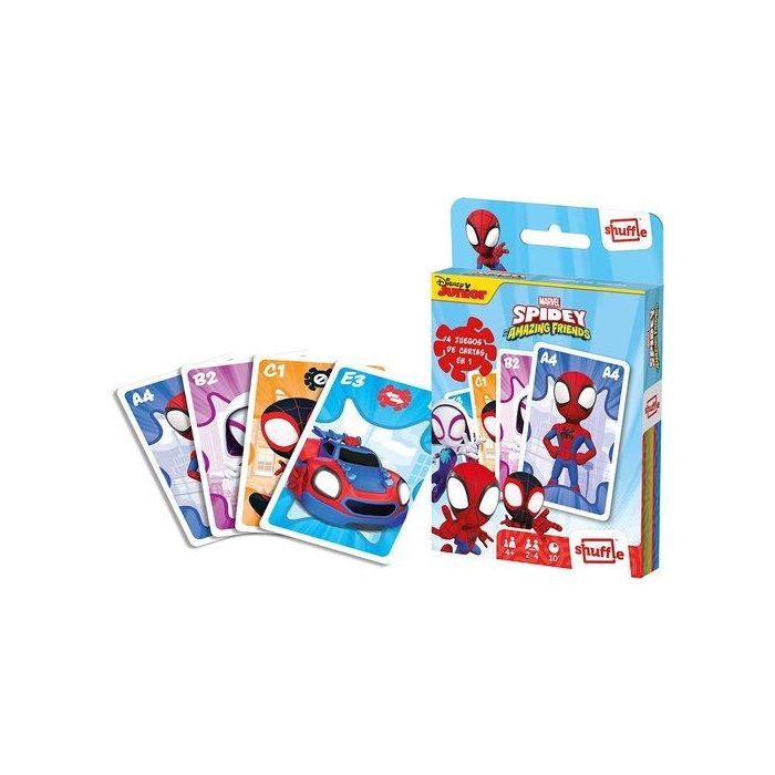 Shuffle 10034850 Juego de Cartas 4 en 1 Disney Spidey, 4 Juegos Familiares: Familias, Acción, Parejas, Snap, +4 años