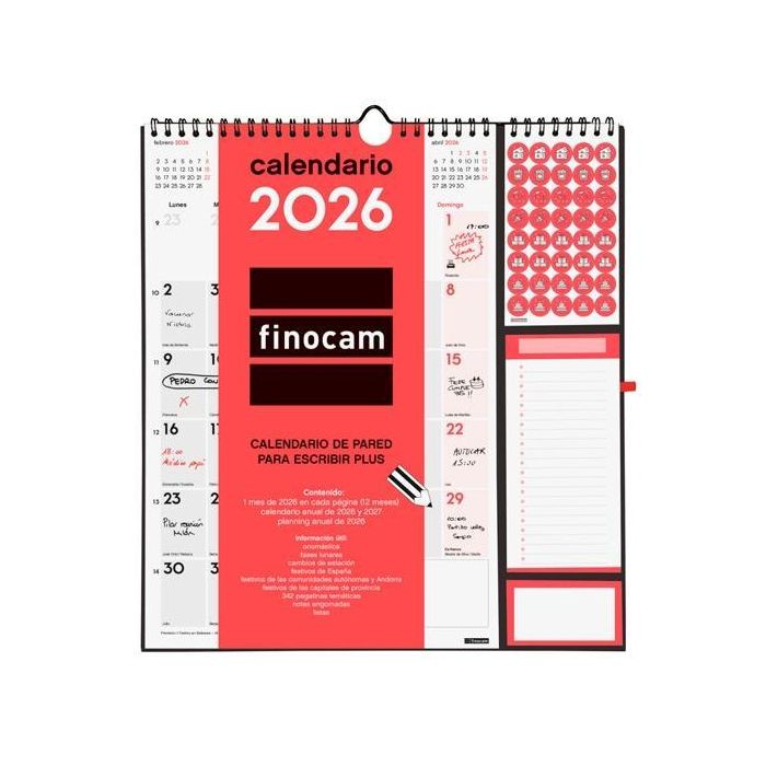 Finocam Calendario de Pared Plus 215x325 mm 2026 Espiral con Colgador, Anilla Portabolígrafo y Pegatinas para Oficina y Hogar