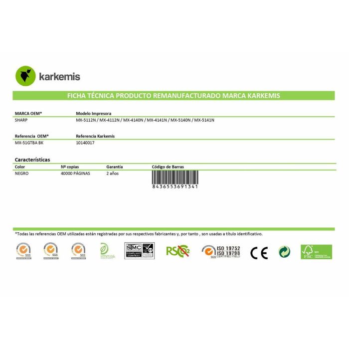 Tóner Original Karkemis MX-51GTBA Negro 4 Tóner Original Karkemis MX-51GTBA Negro 4
