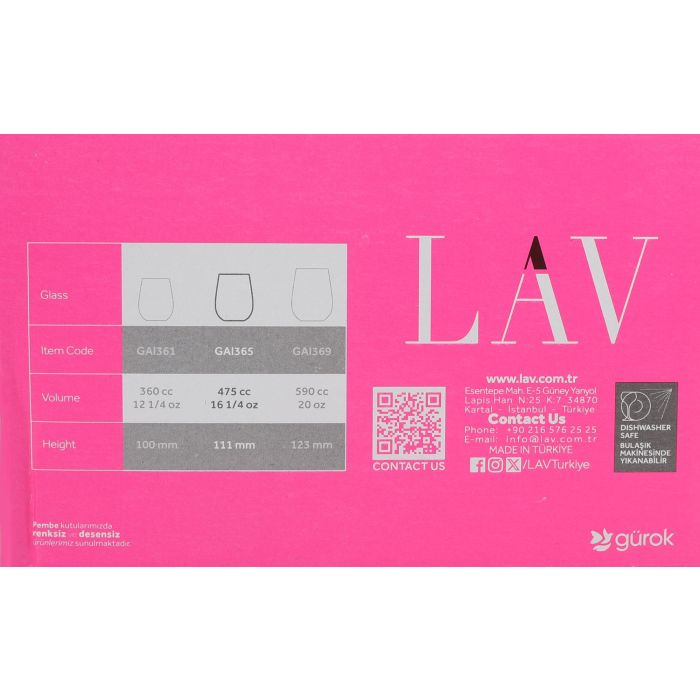 Lav Set 6 Vasos 475cc Colección Gaia 7 x 9 x 11 cm (8 Cajas)