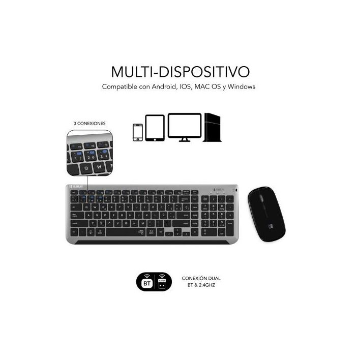 SUBBLIM Teclado con Ratón Bluetooth + 2.4G Combo Dual Prestige Extendido Gris/Negro 3