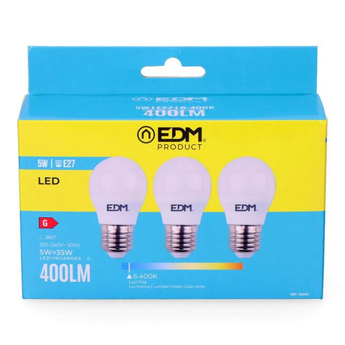 Edm Bombillas Esfericas LED E27 5W 400lm 6400K Luz Fria Ø4,5 x 8 cm Kit 3 Unidades 1