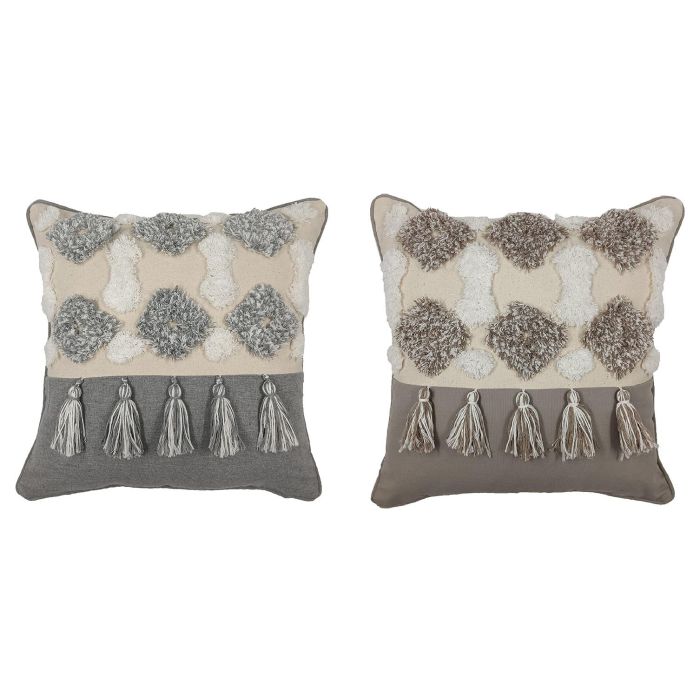 DKD Home Decor Cojín Boho Azul Celeste y Marrón 45x45 cm de Poliéster con Flecos y Cremallera (4 Unidades)