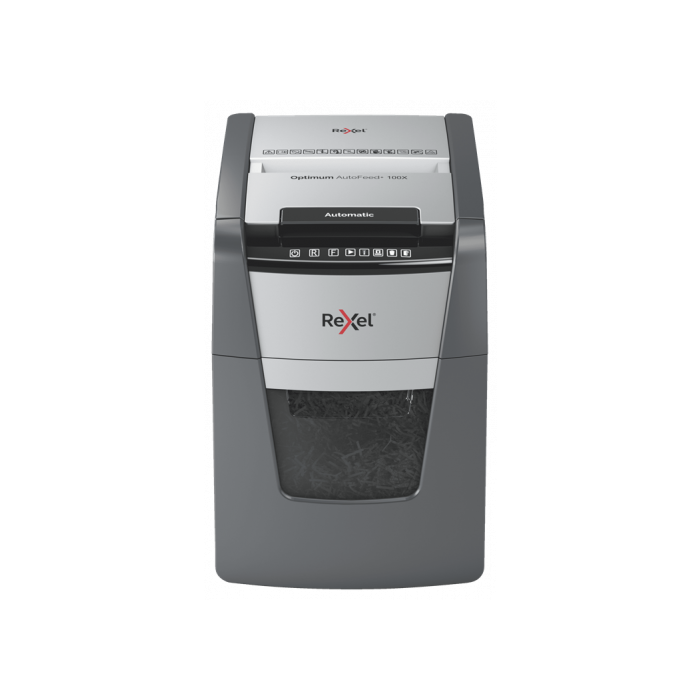 Rexel 2020100X Optimum AutoFeed+ 100X triturador de papel Corte cruzado 55 dB 34 L 100 hojas Negro, Gris