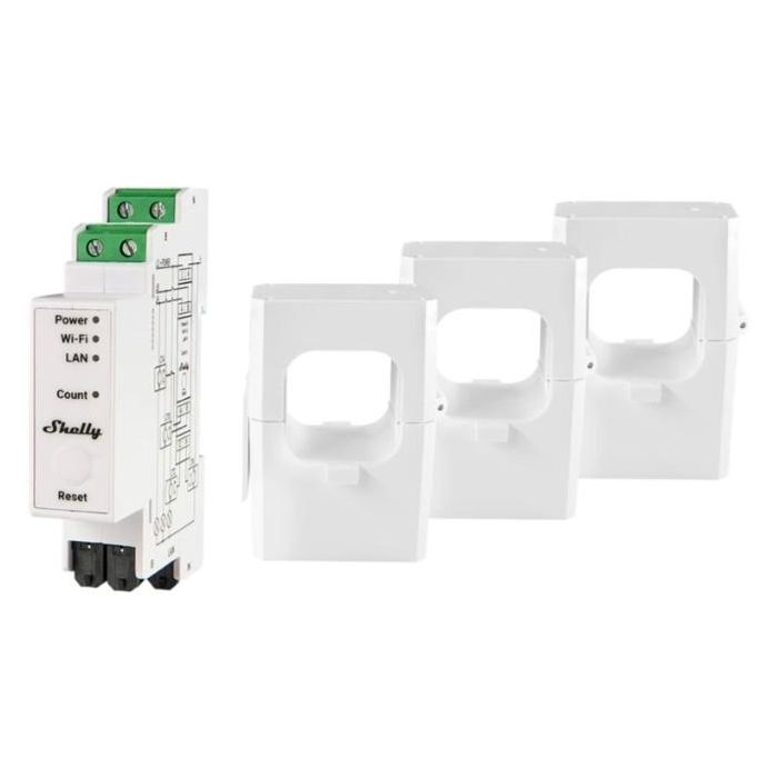 Shelly Pro 3EM 400A - Medidor de Energía WLAN LAN con 3 Pinzas de 400A, Función de Medición y Bluetooth para Carril DIN