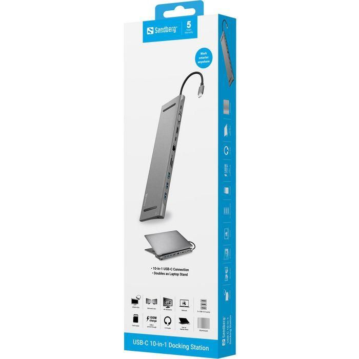 Sandberg USB-C 10-en-1 Estación de Conexión con HDMI, VGA, Ethernet, Lector Tarjetas y USB-C PD 100W 3