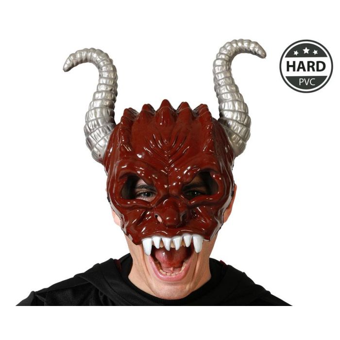 Máscara Demonio Roja Con Cuernos Plateados De Pvc Rígido Para Adulto