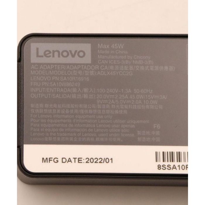 Lenovo 45W USB-C Adaptador de Corriente, Soporta PD 3.0, Diseño de 2 Pines, Compatible con Laptops Lenovo 12