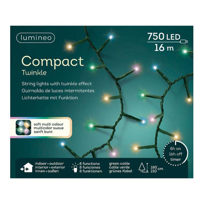 Lumineo Guirnalda LED Compact Twinkle 750 LEDs Multicolor Pastel 16m Exterior 8 Funciones IP44 Temporizador 4