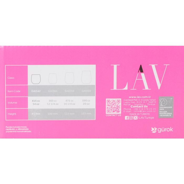 LAV Set 6 Vasos Gaia 415 cc, Diámetro 7.5 cm, Altura 9.2 cm (8 Cajas)