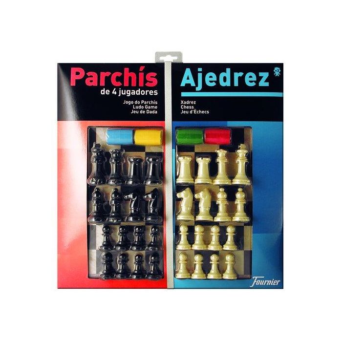 Fournier Juego de mesa Parchís y Ajedrez para 4 jugadores, tablero grande 40x40 cm con cubiletes y fichas