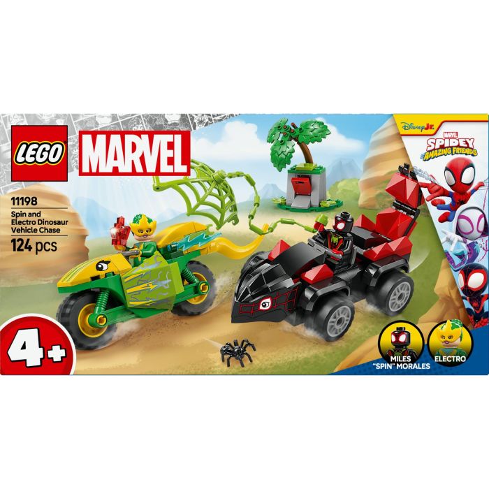 LEGO 11198 Spin y Electro: Duelo de Vehículos de Spidey y su Superequipo, Coche Estegosaurio y Moto Dilofosaurio, 2 Minifiguras 11
