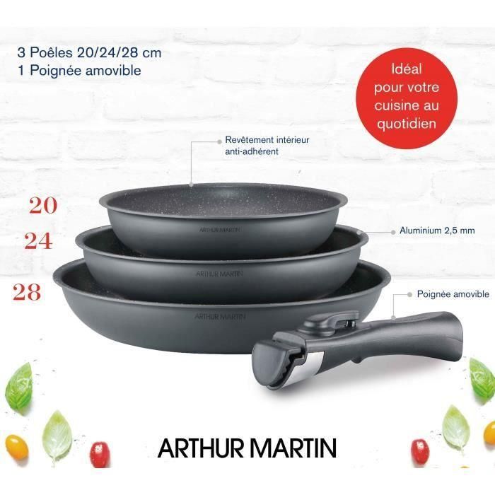 Arthur Martin AM521GM Batería de cocina con 3 estufas - Matt Gray 20-24-28 cm + 1 Manija extraíble - Todas las luces que incluyen inducción 1