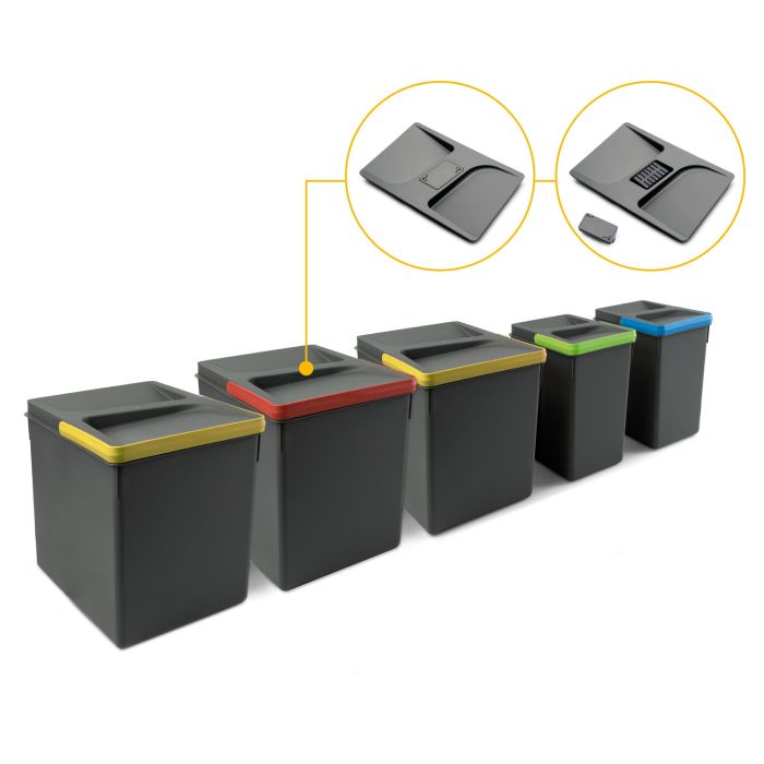Emuca Contenedores para cajón de cocina Recycle con tapa anti olores, Altura 266, 3x15litros, 2x7litros, Plástico gris antracita