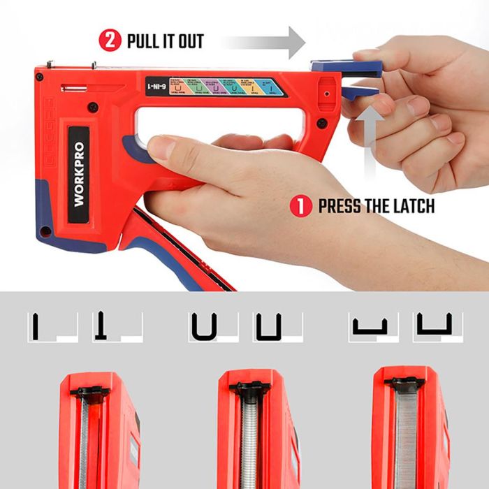 Workpro Grapadora 6 en 1 Multifunción, Compatible con Grapas T21, T50, T25, T20, 18ga y Pin, Dos Potencias de Grapado, Diseño Ergonómico, Azul y Rojo 7