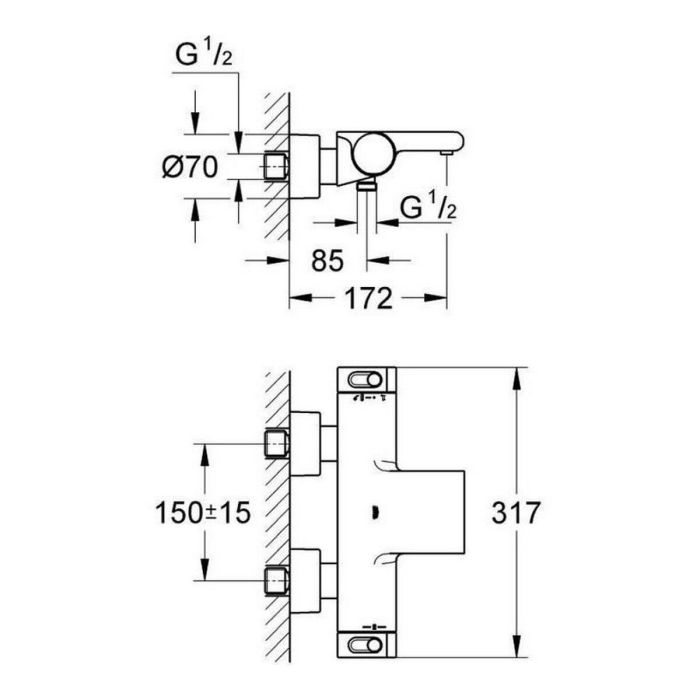 GROHE 34174001 Mezclador Termostático Baño/Ducha 1/2 Grohtherm 2000 Montaje Mural Expuesto Cromado StarLight CoolTouch SafeStop 1