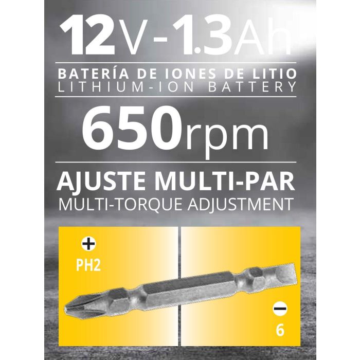 Kiwi Taladro Inalambrico 12V 13Ah 650Rpm 19.5 cm (Largo) x 5.5 cm (Ancho) x 21 cm (Alto) 11.28 kg 8