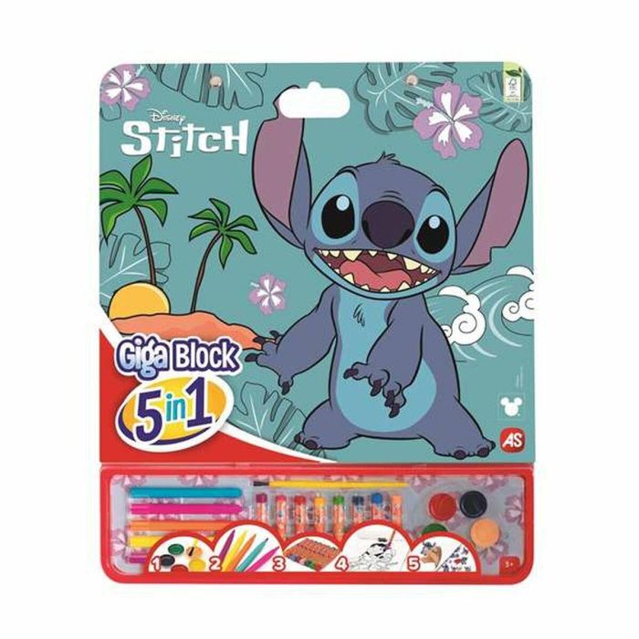 Cefa 21884 Giga Block Actividades 5 en 1 Stitch Disney Kit de Arte con Acuarelas, Marcadores, Lápices, Pincel y Pegatinas +3 años