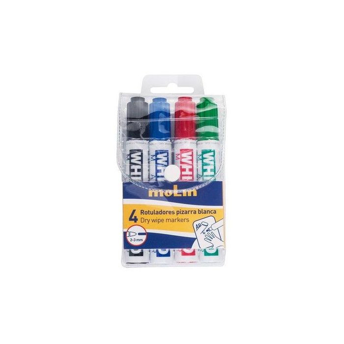 Molin Rotulador Pizarra Blanca Punta Redonda, Colores Surtidos, Blíster 4 Ud
