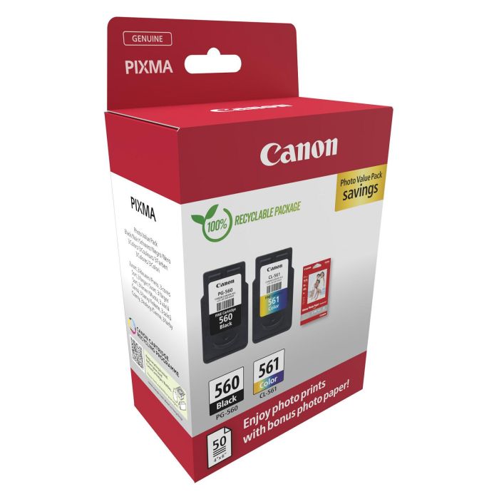 Canon PG-560 + CL-561 Cartuchos Tinta Impresora, 50 Hojas Papel Fotográfico Glossy 10x15 cm, Original 1