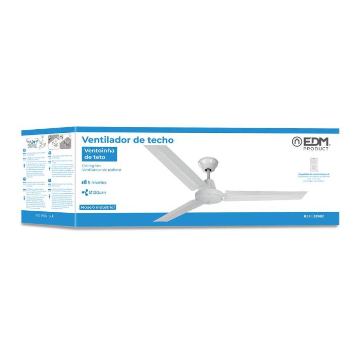 Edm Ventilador de techo mini industrial blanco Ø120cm, 5 velocidades, control de pared 4 Edm Ventilador de techo mini industrial blanco Ø120cm, 5 velocidades, control de pared 4