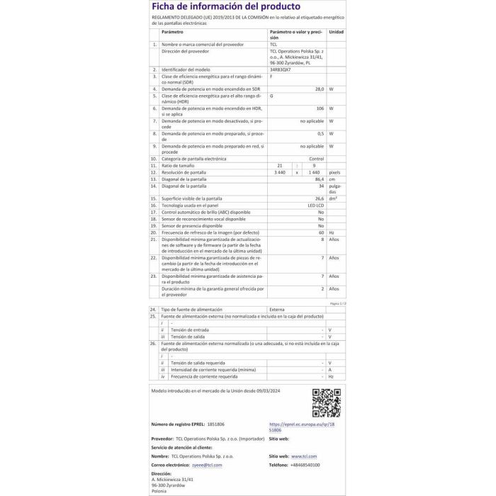 Monitor TCL 34R83Q LCD 37" Monitor TCL 34R83Q LCD 37"