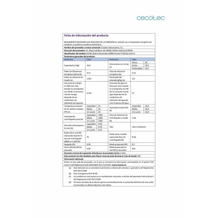 Lavadora Cecotec Bolero DressCode 10900 Inverter FullColor 1400 rpm 10 kg 13